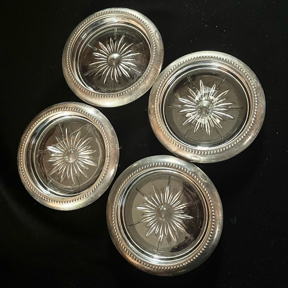 Set of Four (4) Vintage MCM Signed Silver Plated Starburst Glass Coasters